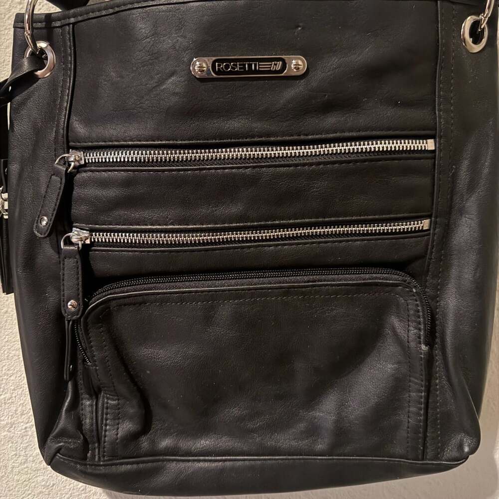 Rosetti Crossbody Bag Black Faux Leather Triple Zippered Pockets
